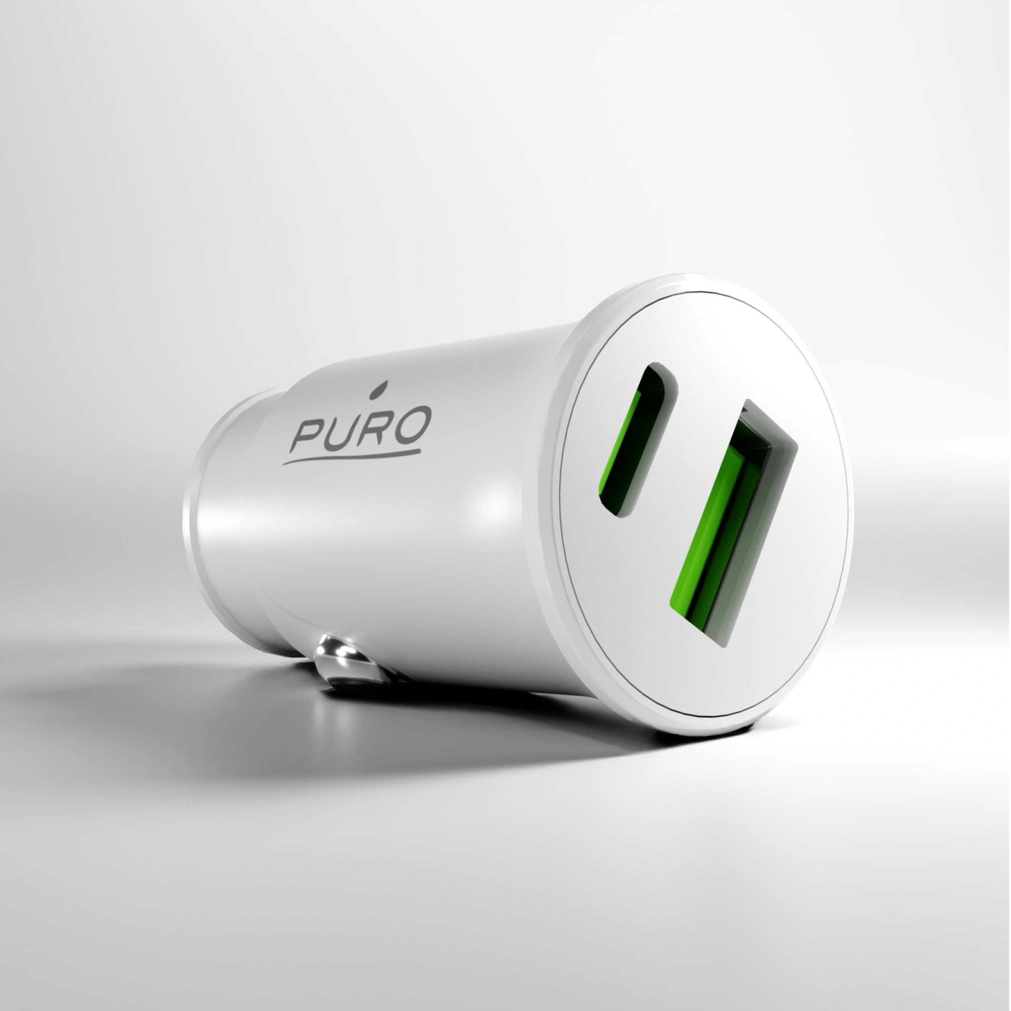PURO Pro Lite biloplader med 1 USB-A-port og 1 USB-C-port. Hvid