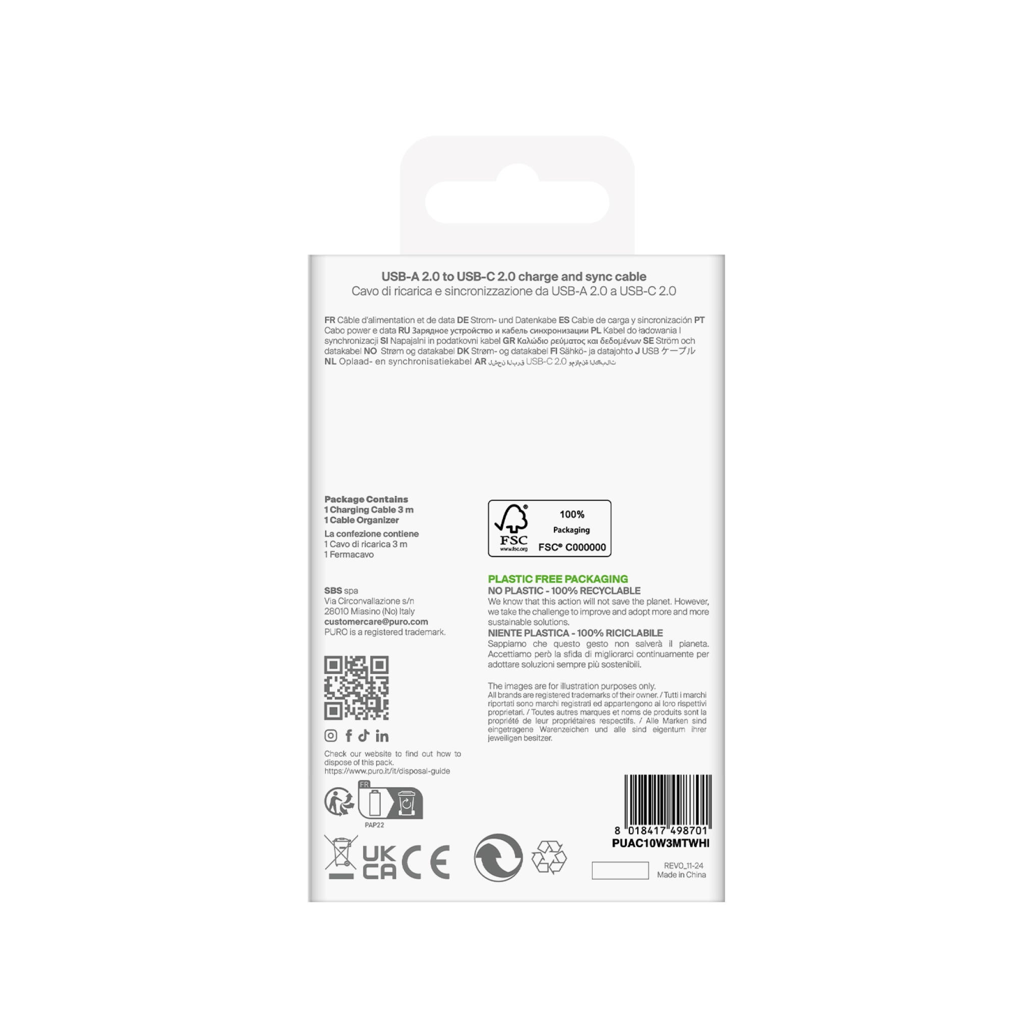 PURO TPE-kabel USB-A til USB-C, 3m, 2.0, 10 W, hvid