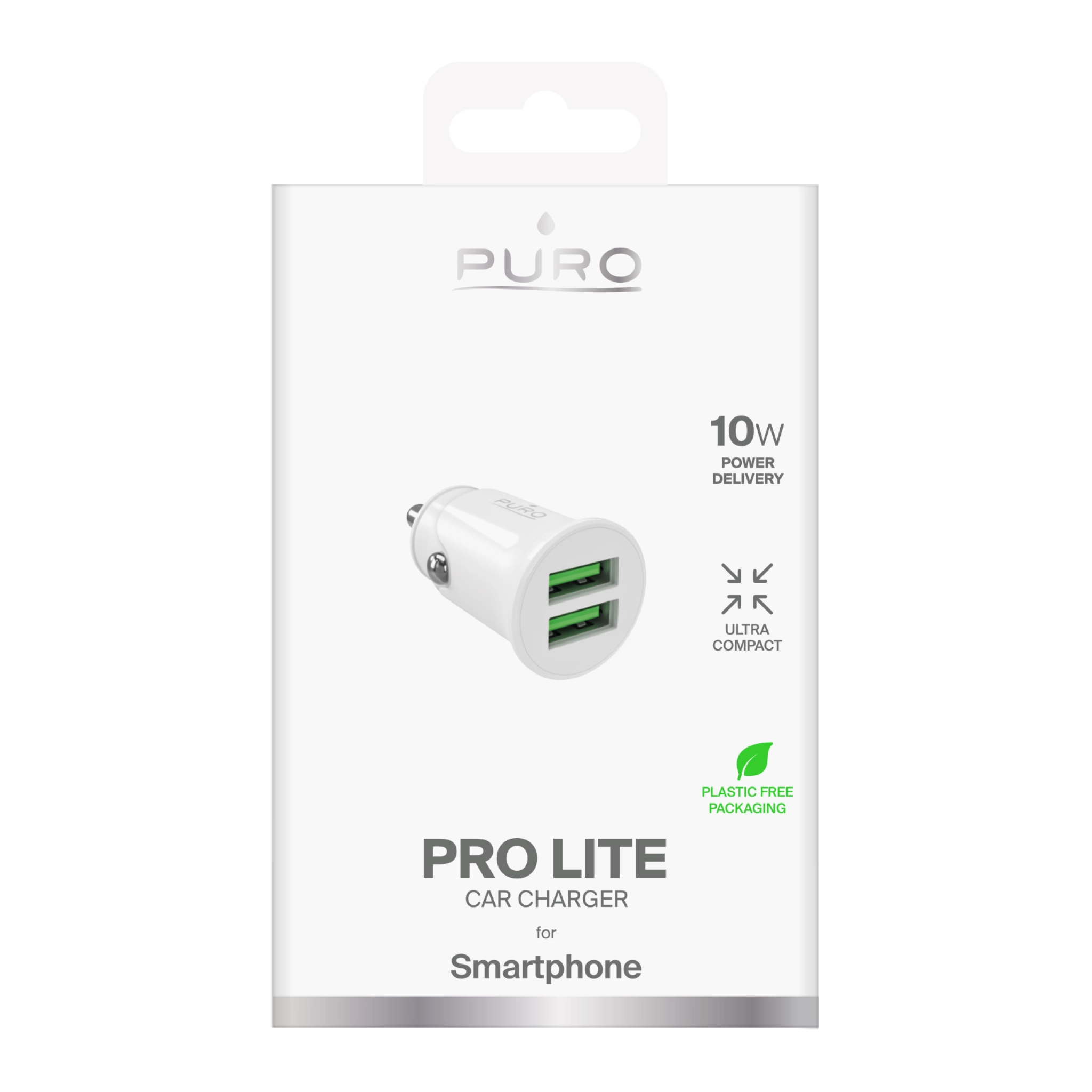 PURO Pro Lite biloplader med 2 USB-A-porte. Hvid