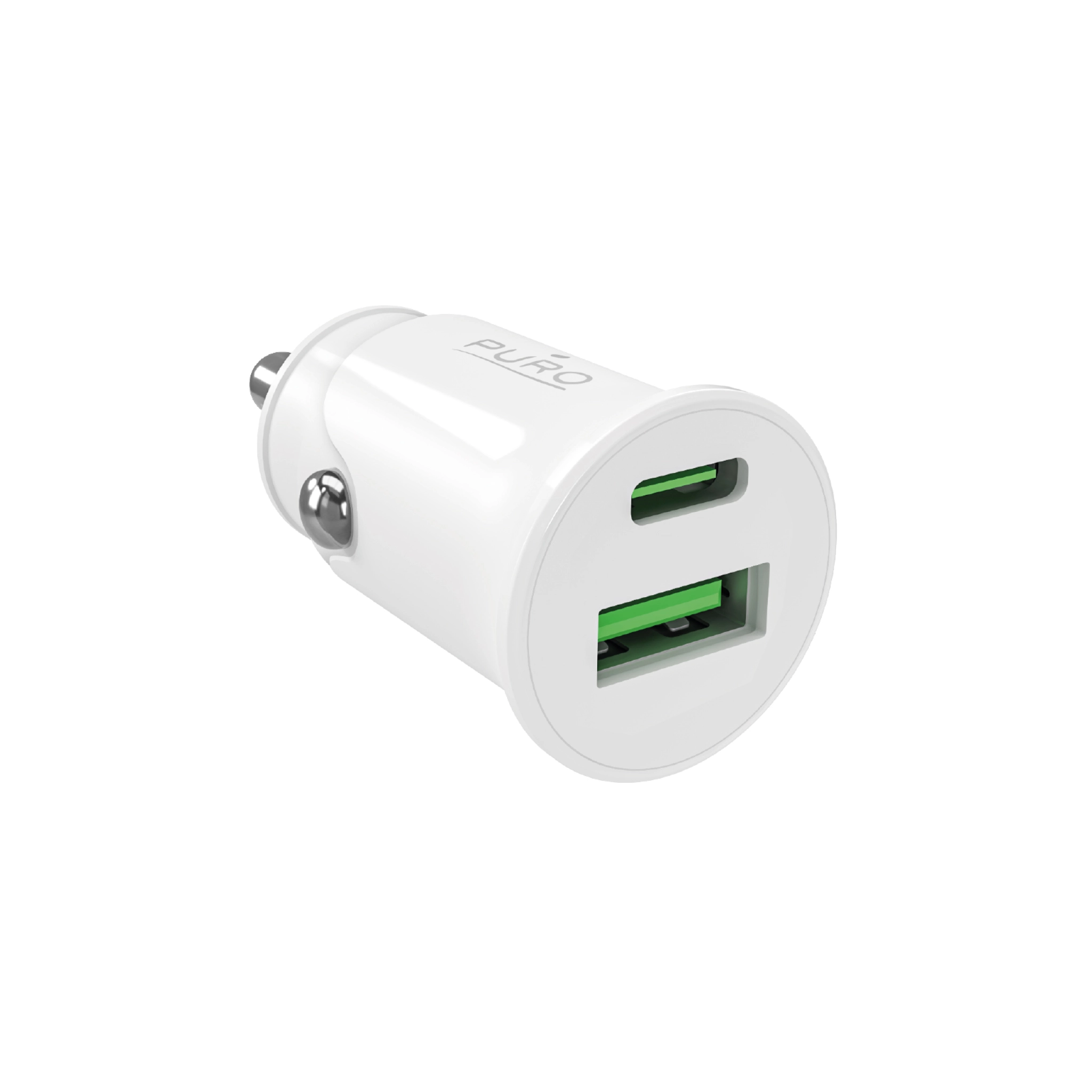 PURO Pro Lite biloplader med 1 USB-A-port og 1 USB-C-port. Hvid