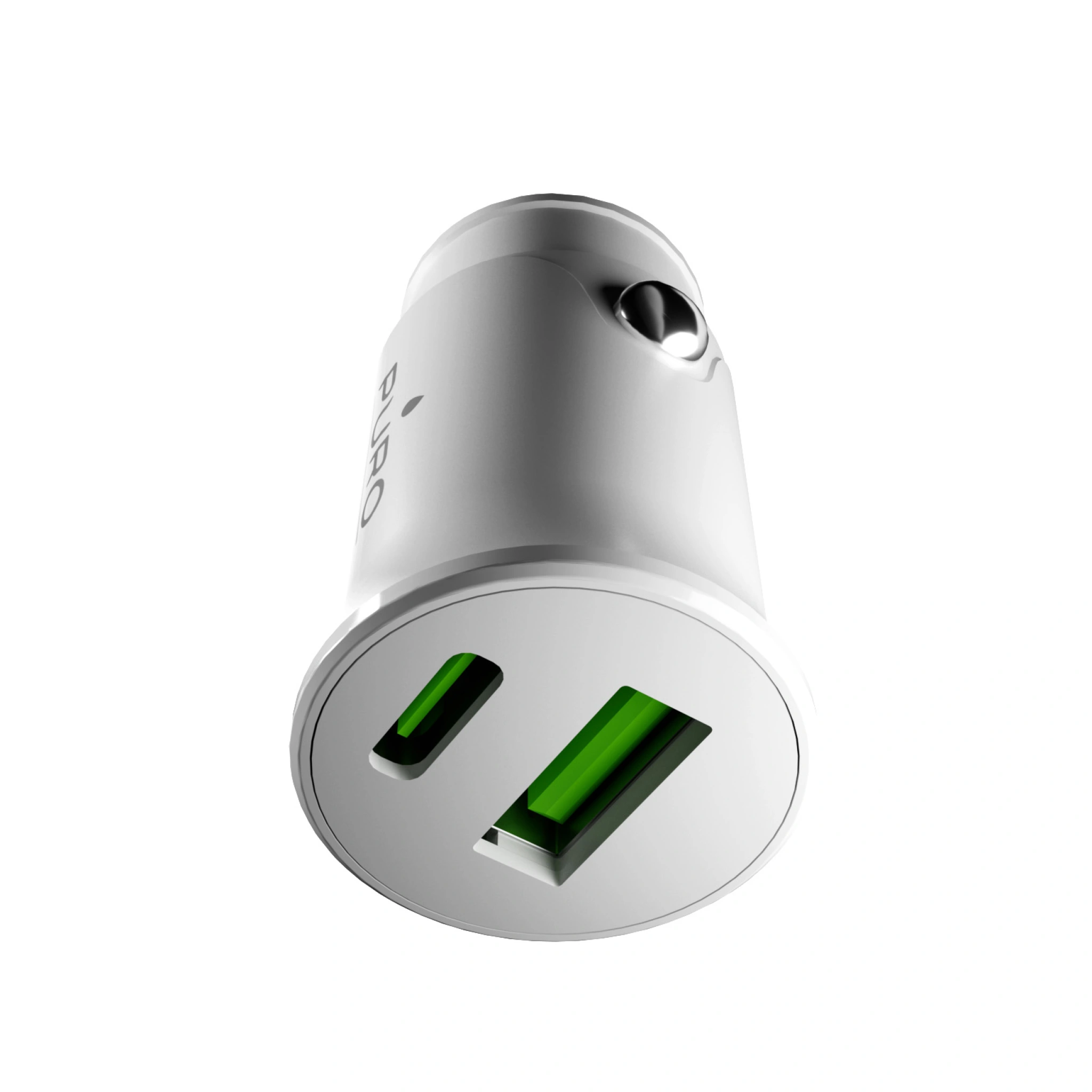 PURO Pro Lite biloplader med 1 USB-A-port og 1 USB-C-port. Hvid