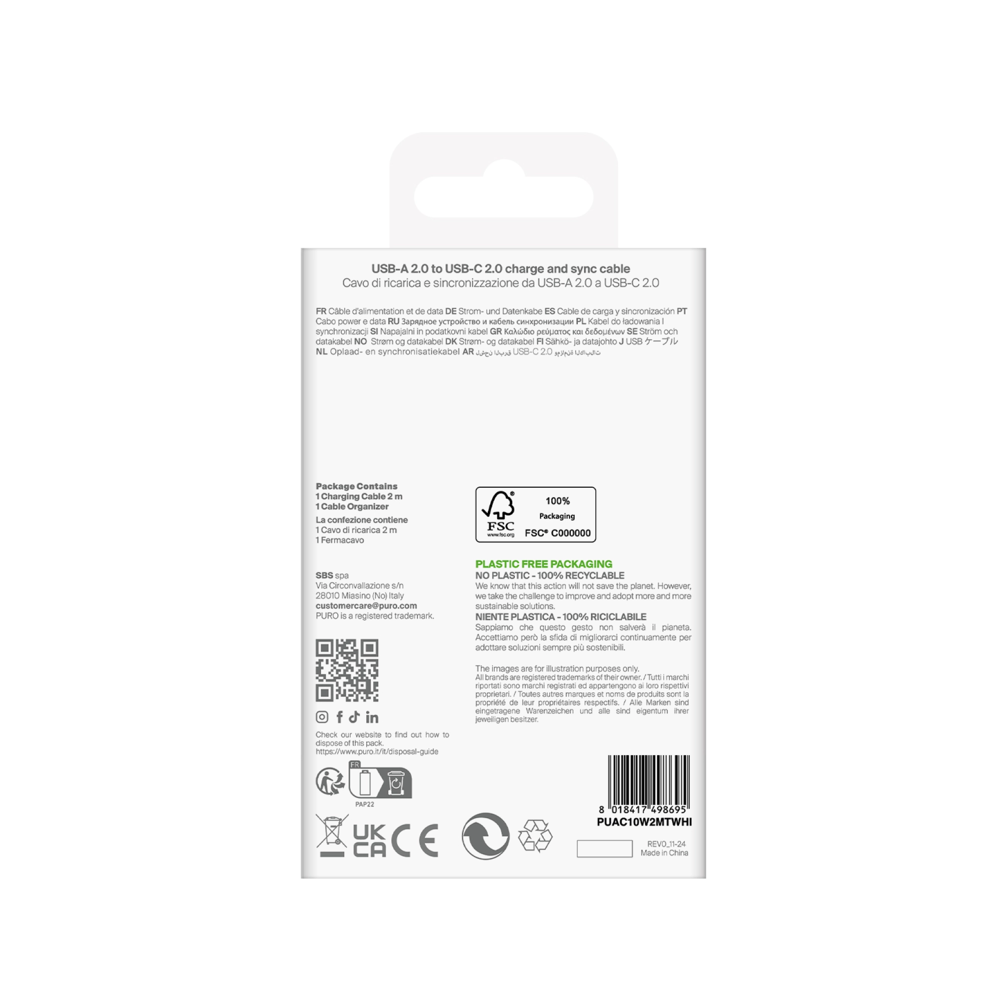 PURO TPE-kabel USB-A til USB-C, 2 m, 2.0, 10 W, hvid