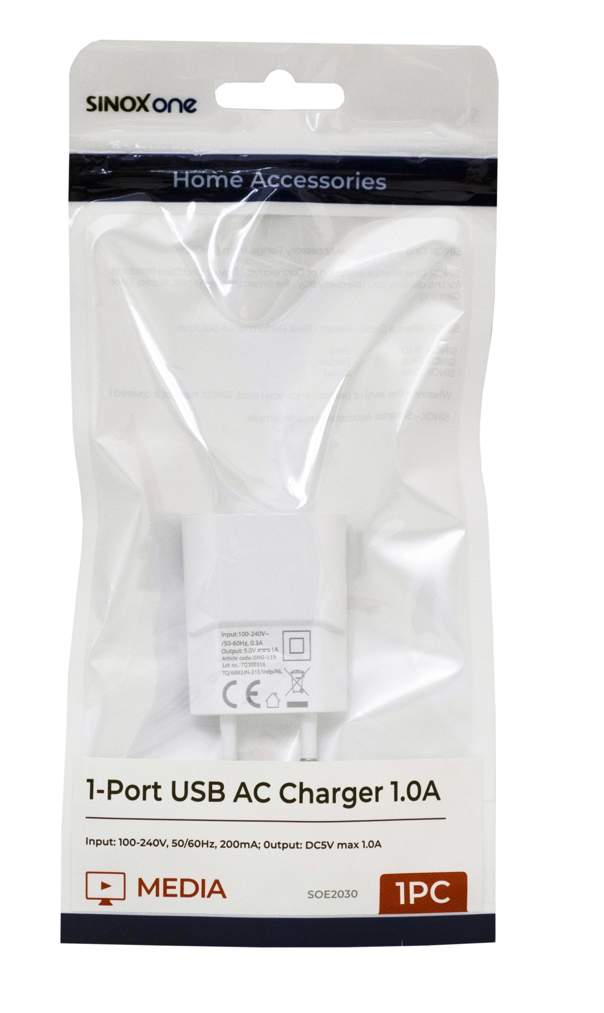 Sinox One 230V USB-A charger 5W. White