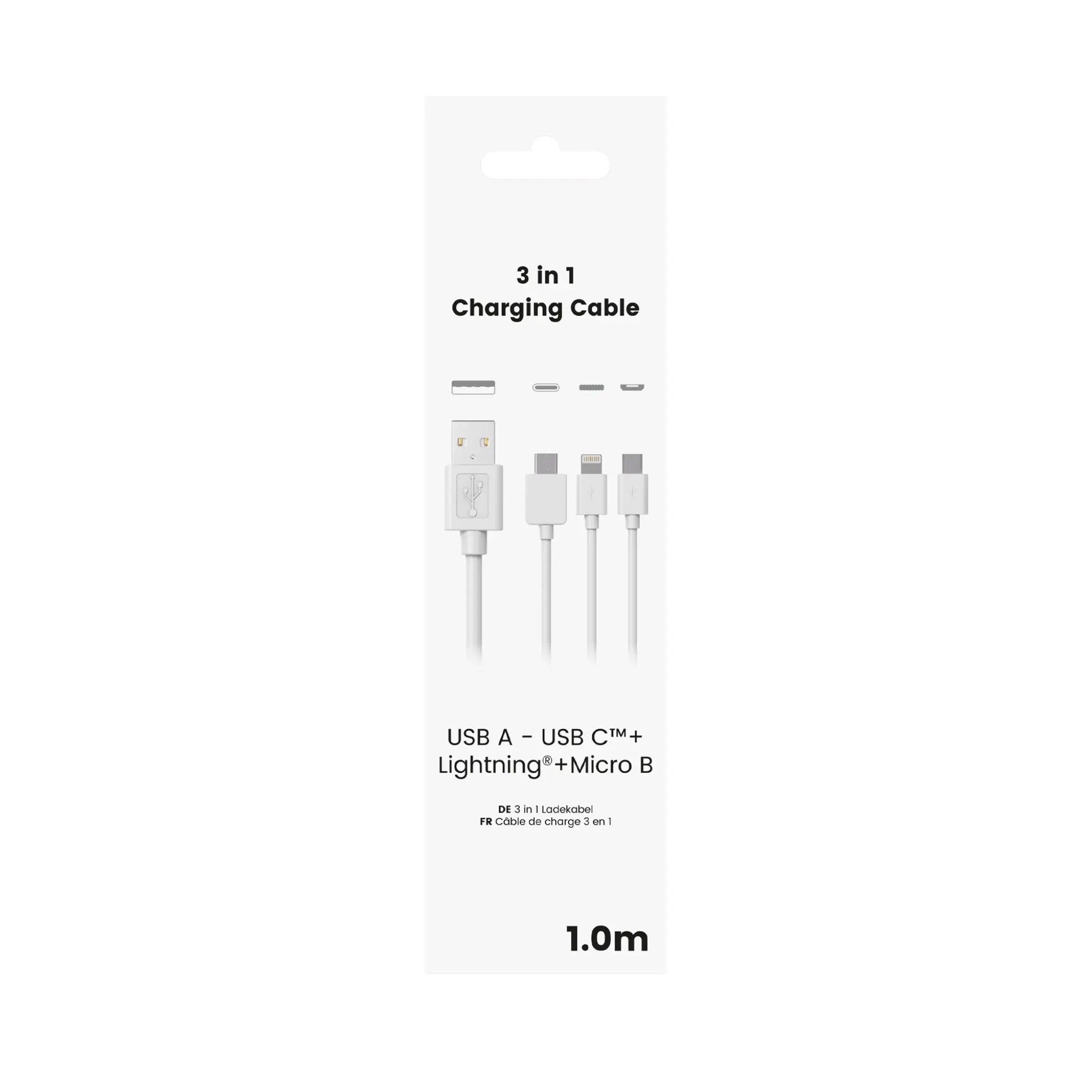 Sinox 3-i-1 kabel med Lightning, USB-C och Micro USB. 1m. Vit