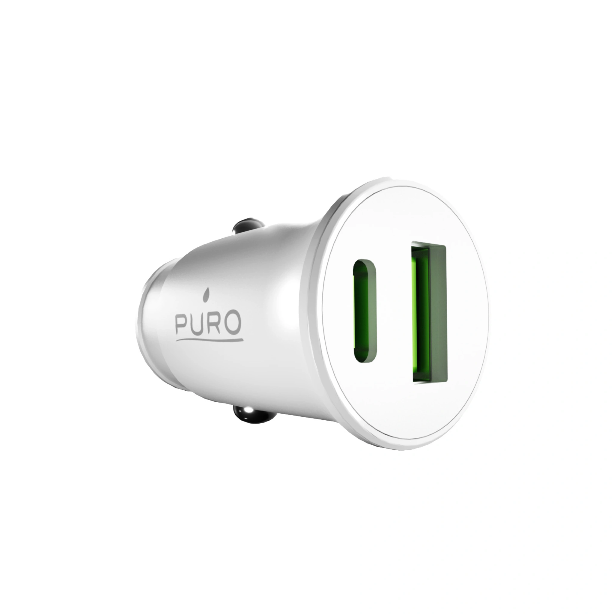 PURO Pro Lite biloplader med 1 USB-A-port og 1 USB-C-port. Hvid