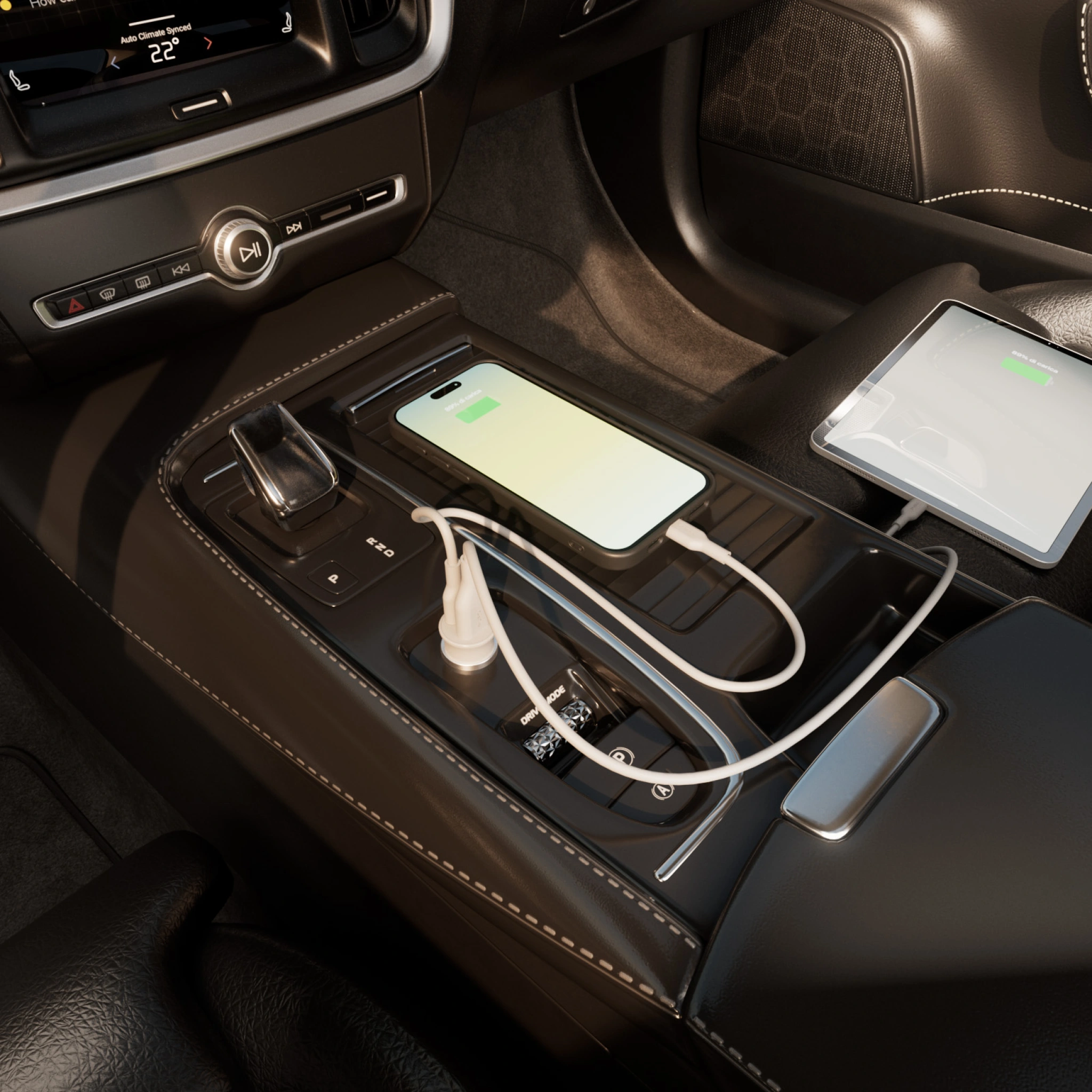 PURO Pro Lite biloplader med 1 USB-A-port og 1 USB-C-port. Hvid