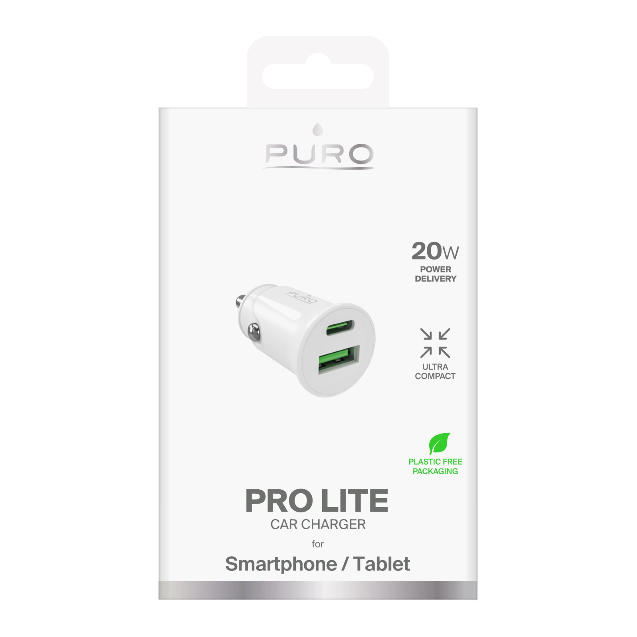 PURO Pro Lite biloplader med 1 USB-A-port og 1 USB-C-port. Hvid