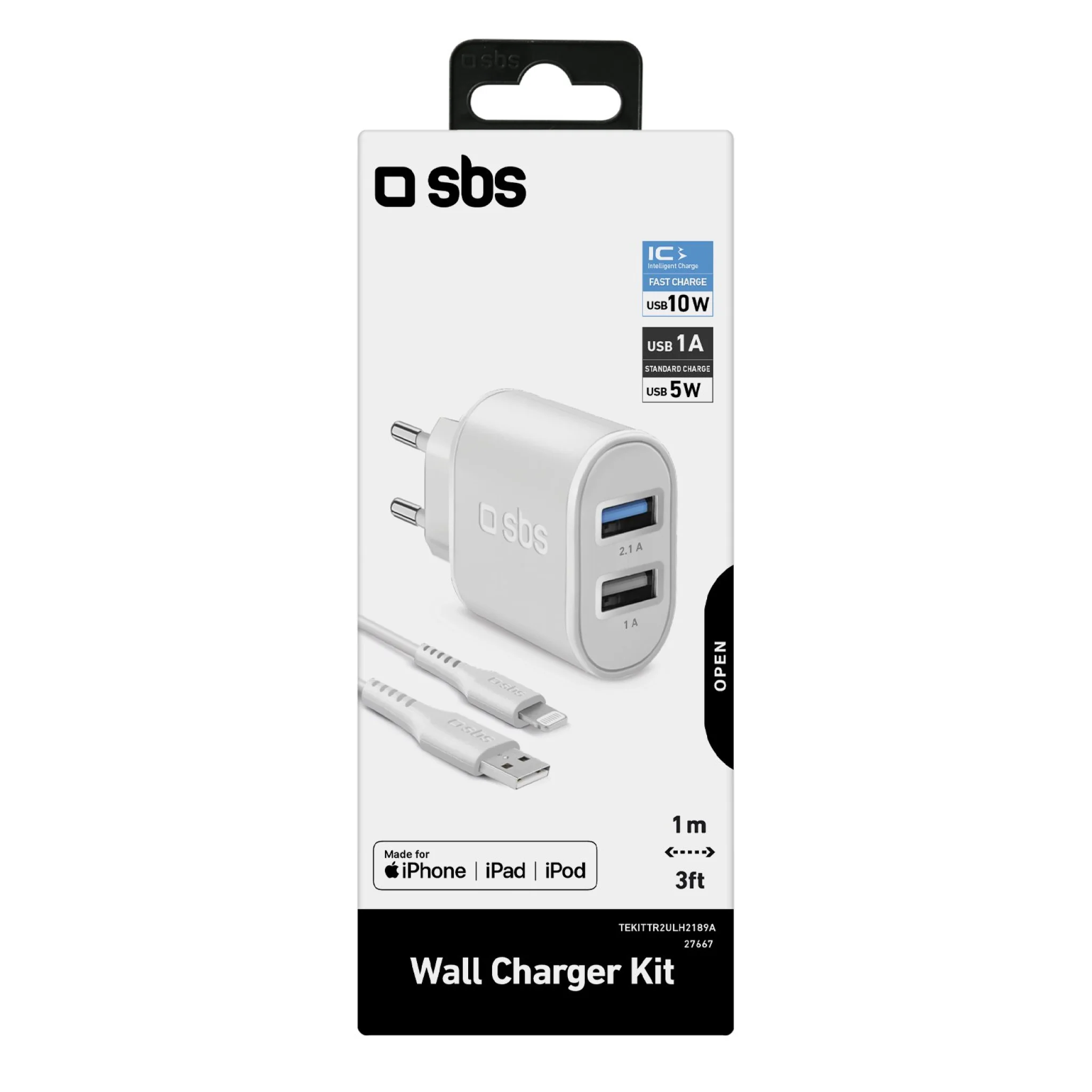 SBS 10W oplader. 1m MFI Lightning kabel. Hvid